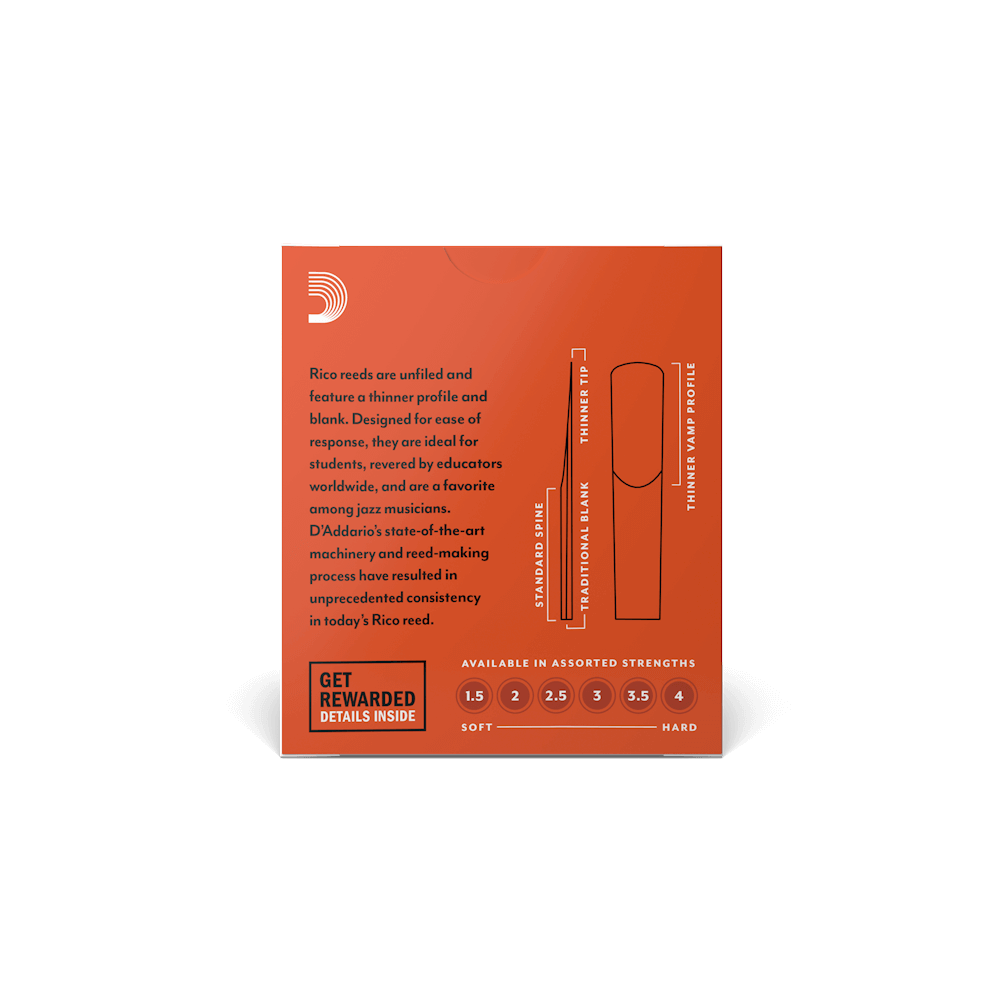 Rico by D'Addario Bb Clarinet Reeds, Strength 2, 10-pack